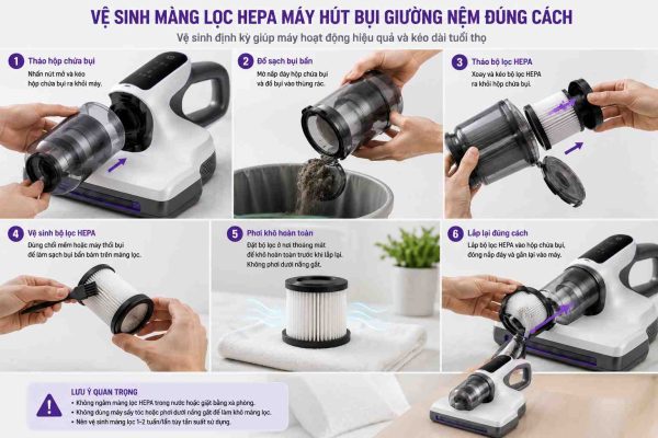 Vệ sinh màng lọc HEPA của máy hút bụi giường nệm đúng cách Vệ sinh màng lọc HEPA của máy hút bụi giường nệm đúng cách